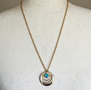 Vintage Gold Tone Rhinestone Atomic Circle Brooch Pendant Necklace